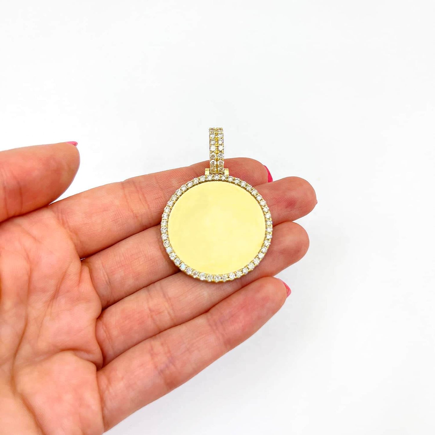 1.82CTW Natural Diamond 10K Gold Round Picture Memory Medallion Pendant 1.8"