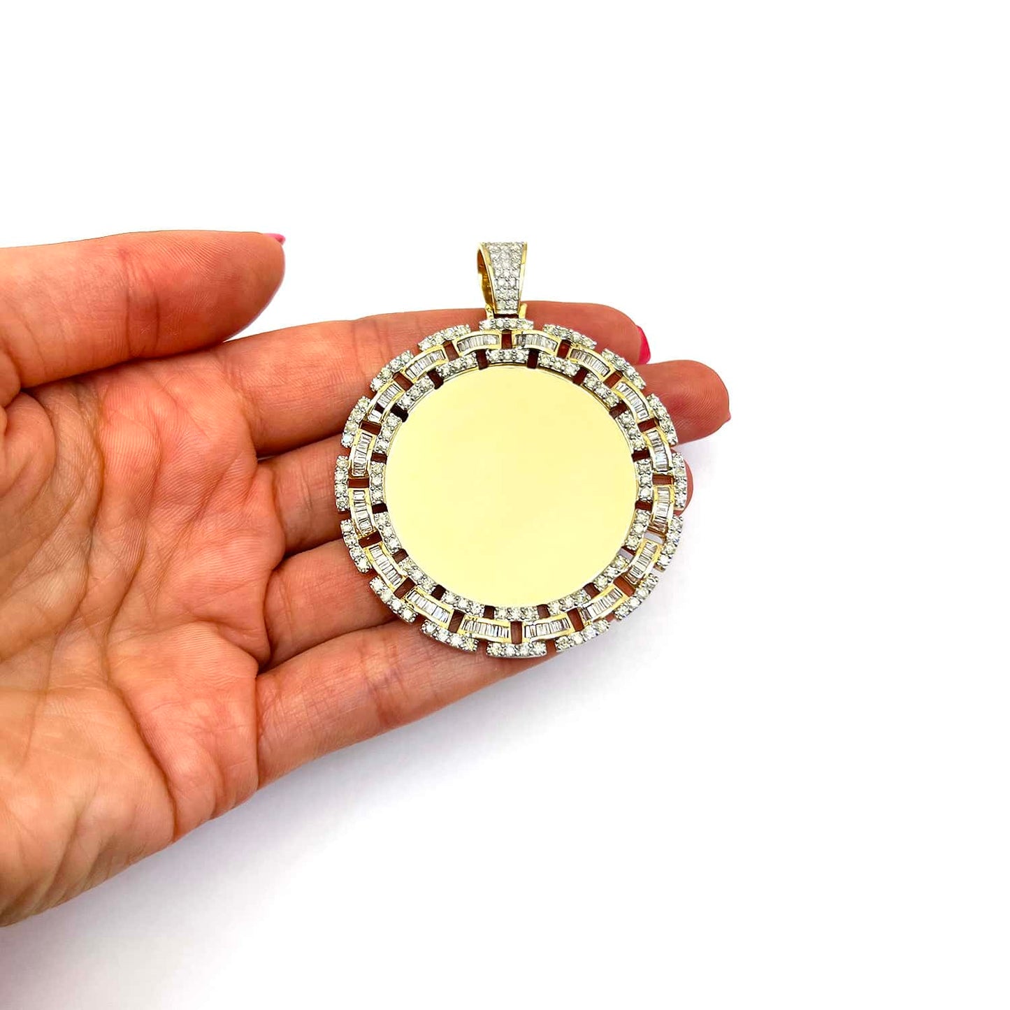 4.23CTW Real Diamond 10K Yellow Gold Round Picture Frame Memory Pendant 2.5"