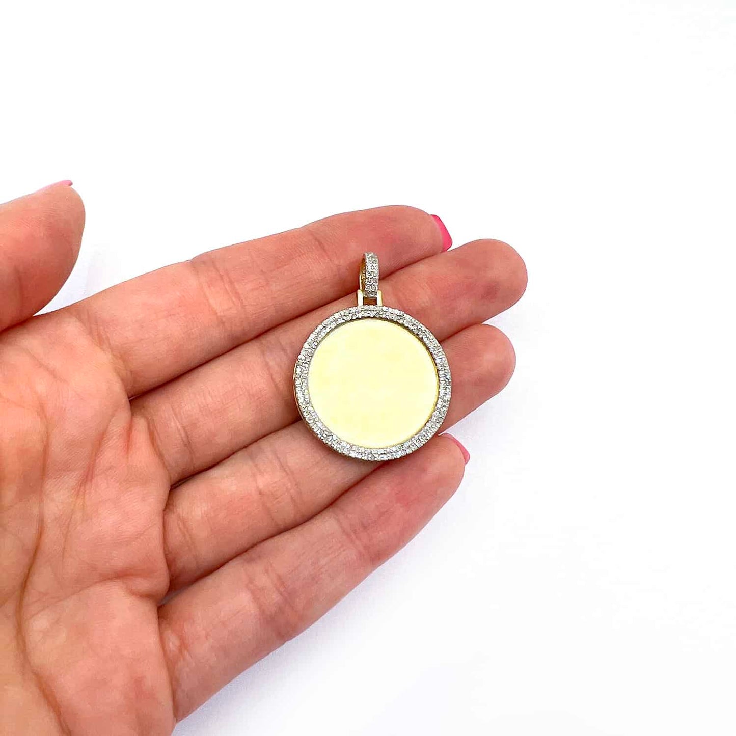 Real Diamond Pave 10K Yellow Gold Round Picture Frame Memory Pendant 1"-1.8"