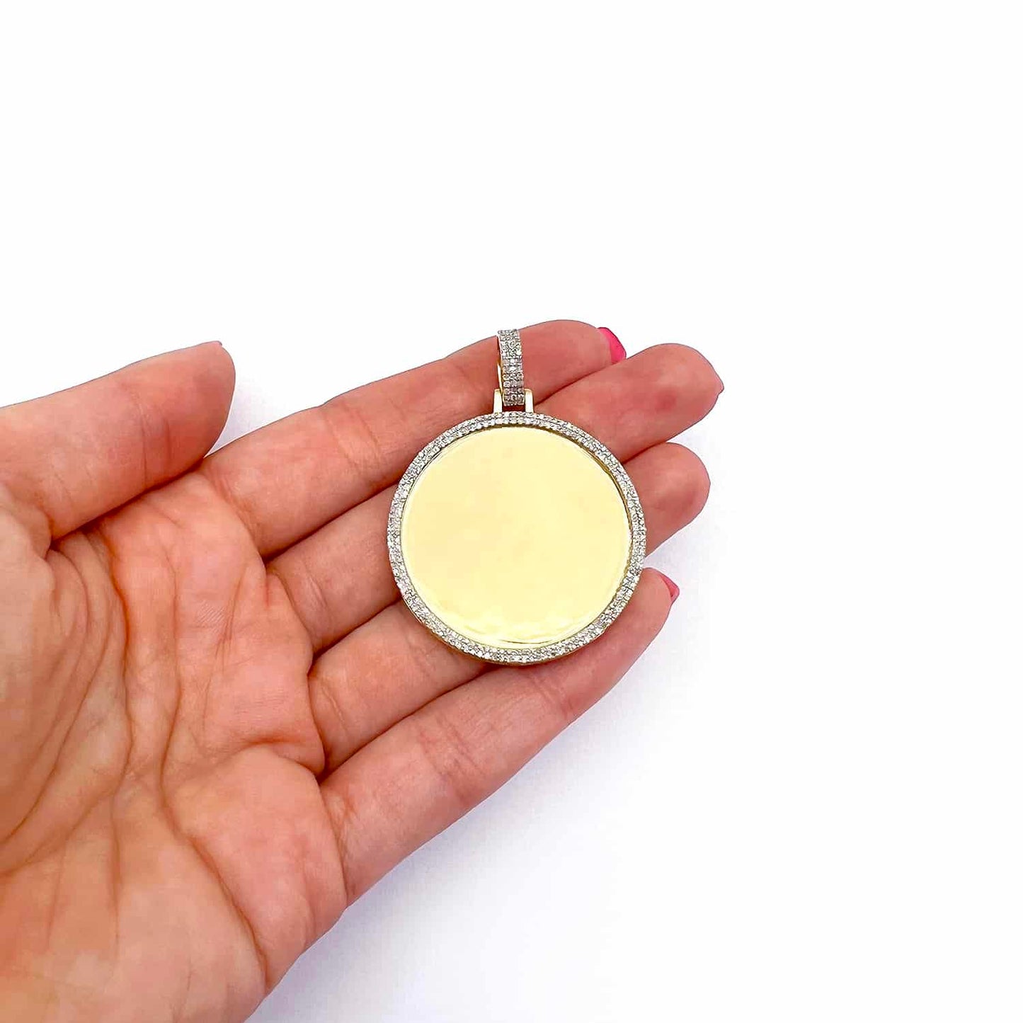 Real Diamond Pave 10K Yellow Gold Round Picture Frame Memory Pendant 1"-1.8"