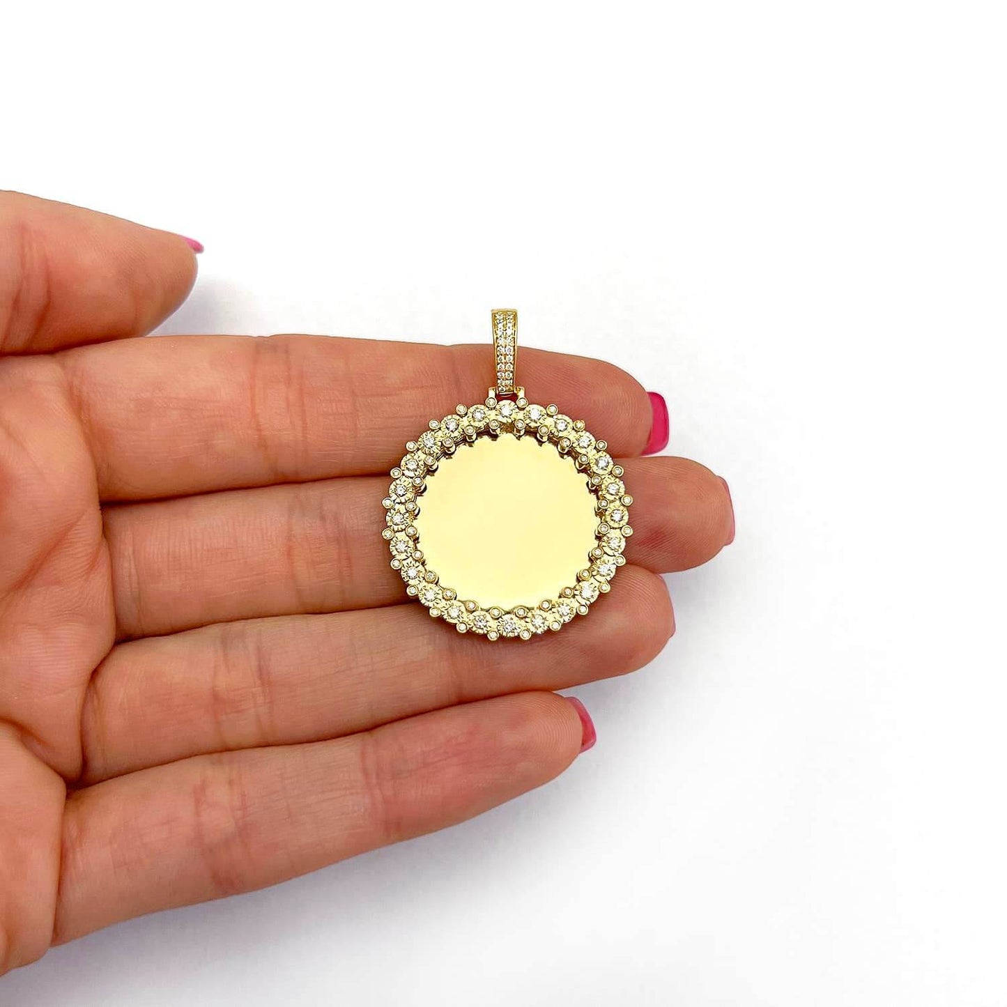 Natural Diamond 14K Yellow Gold Round Picture Frame Memory Pendant 1.4"-2"