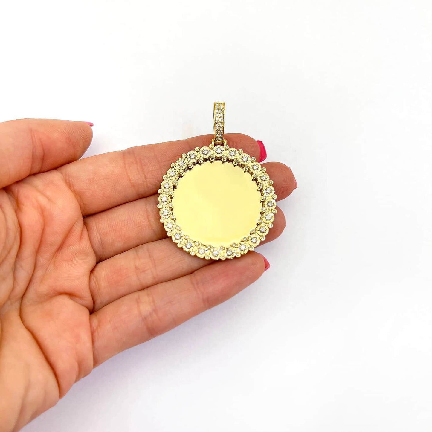 Natural Diamond 14K Yellow Gold Round Picture Frame Memory Pendant 1.4"-2"