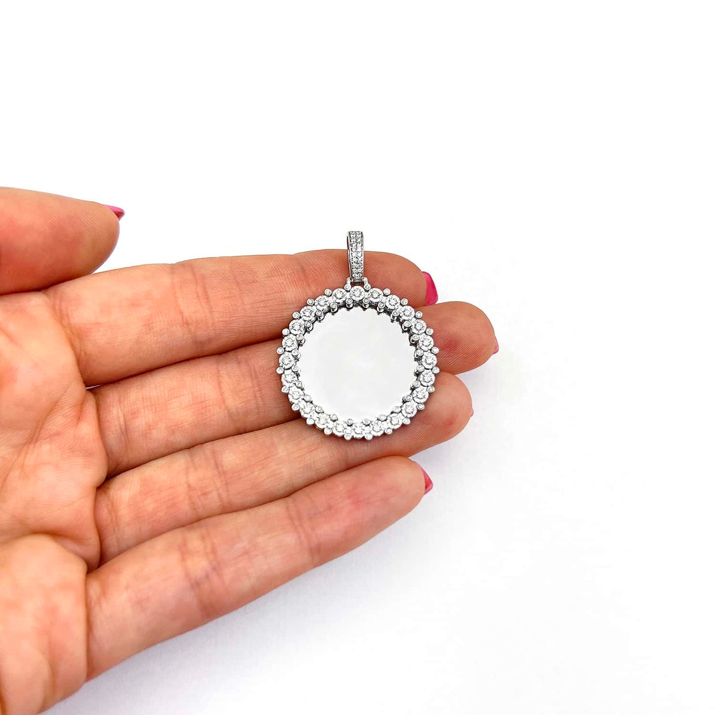 Real Diamond 10K White Gold Round Picture Frame Memory Pendant 1.4"-2"
