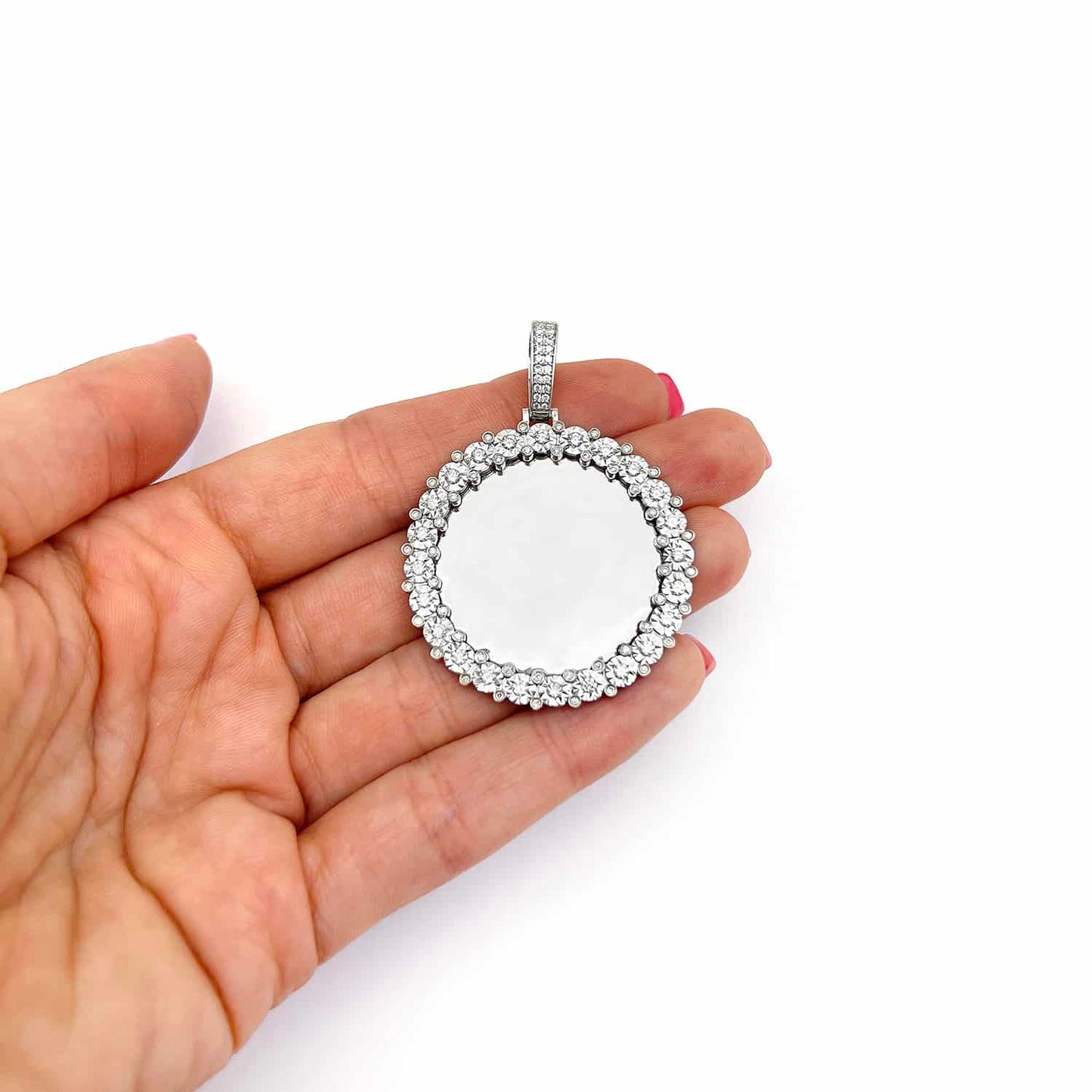 Real Diamond 10K White Gold Round Picture Frame Memory Pendant 1.4"-2"