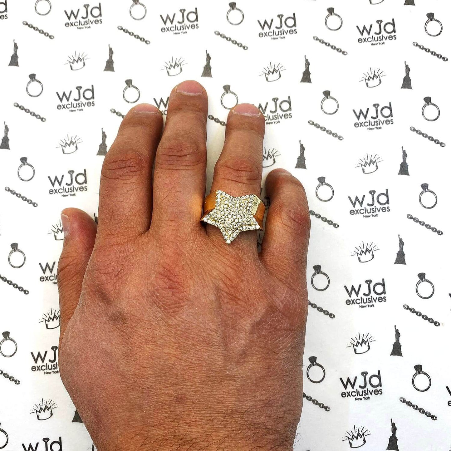 14K Yellow Gold CZ Pave Massive Five Pointed Star Signet Ring