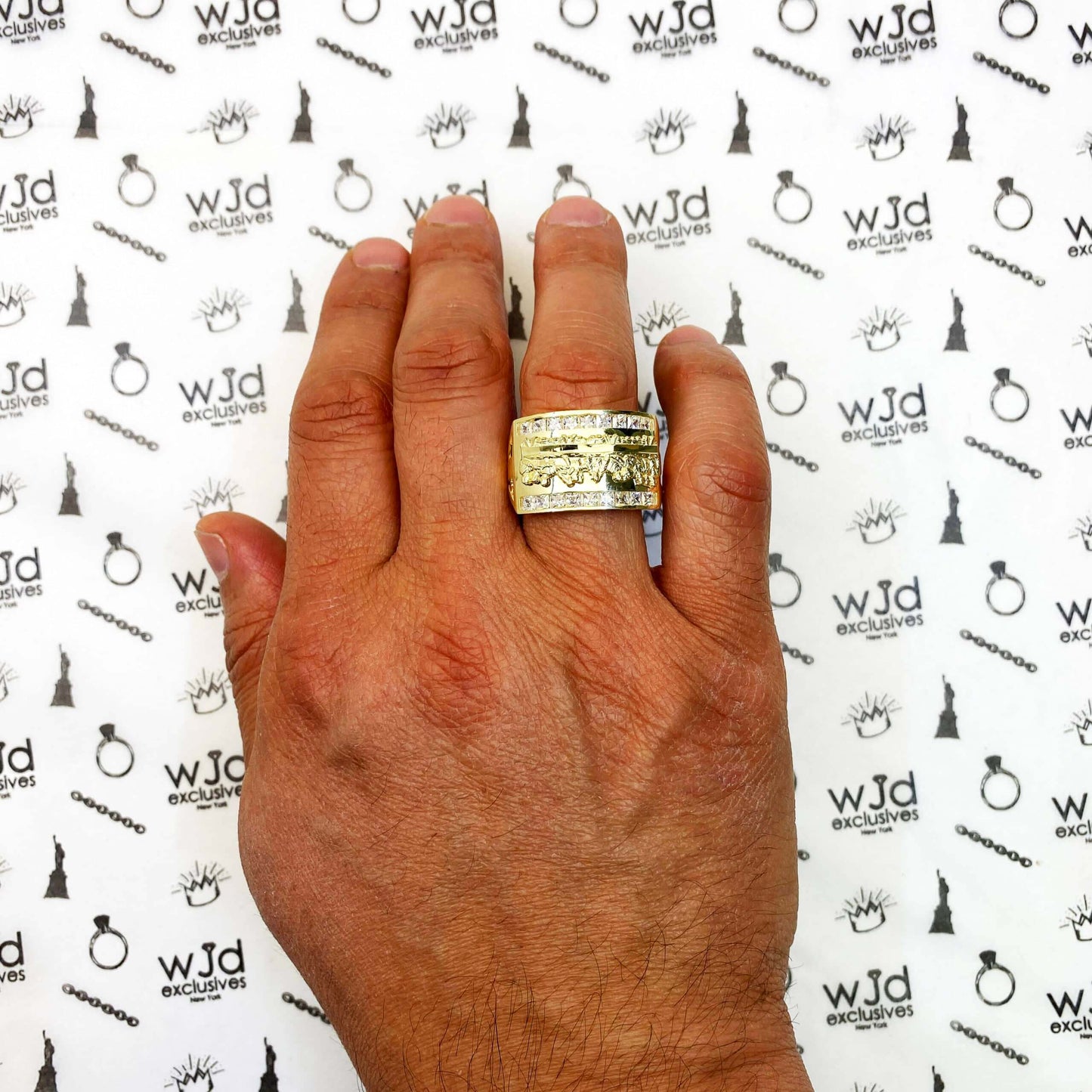 10K Gold Yellow Princess Cut Channel CZ Last Supper Signet Ring