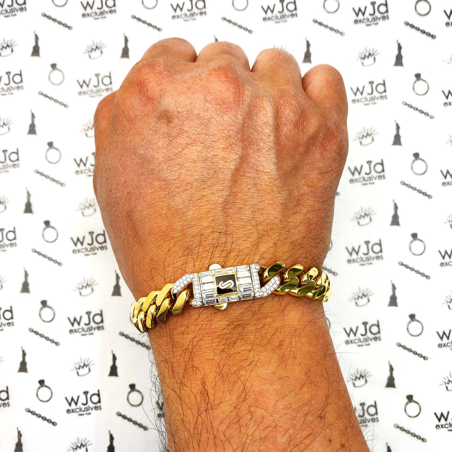 10K Yellow Gold Classic Plain with Swarovski Lock 11mm Miami Monaco Bracelet (Hollow) 8.5"