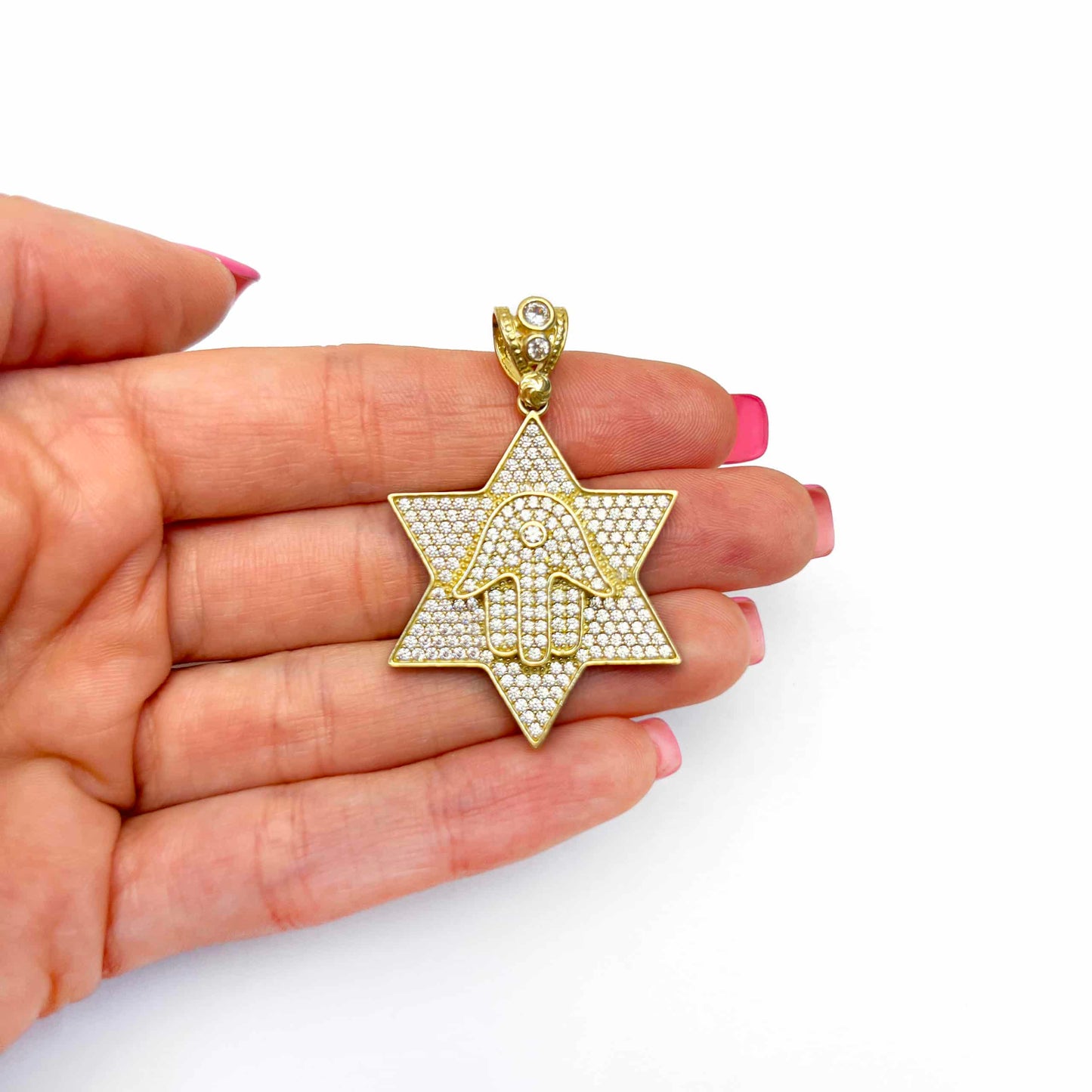 14K Yellow Gold CZ Pave Star David Hamsa Hand Charm Pendant 1.8"