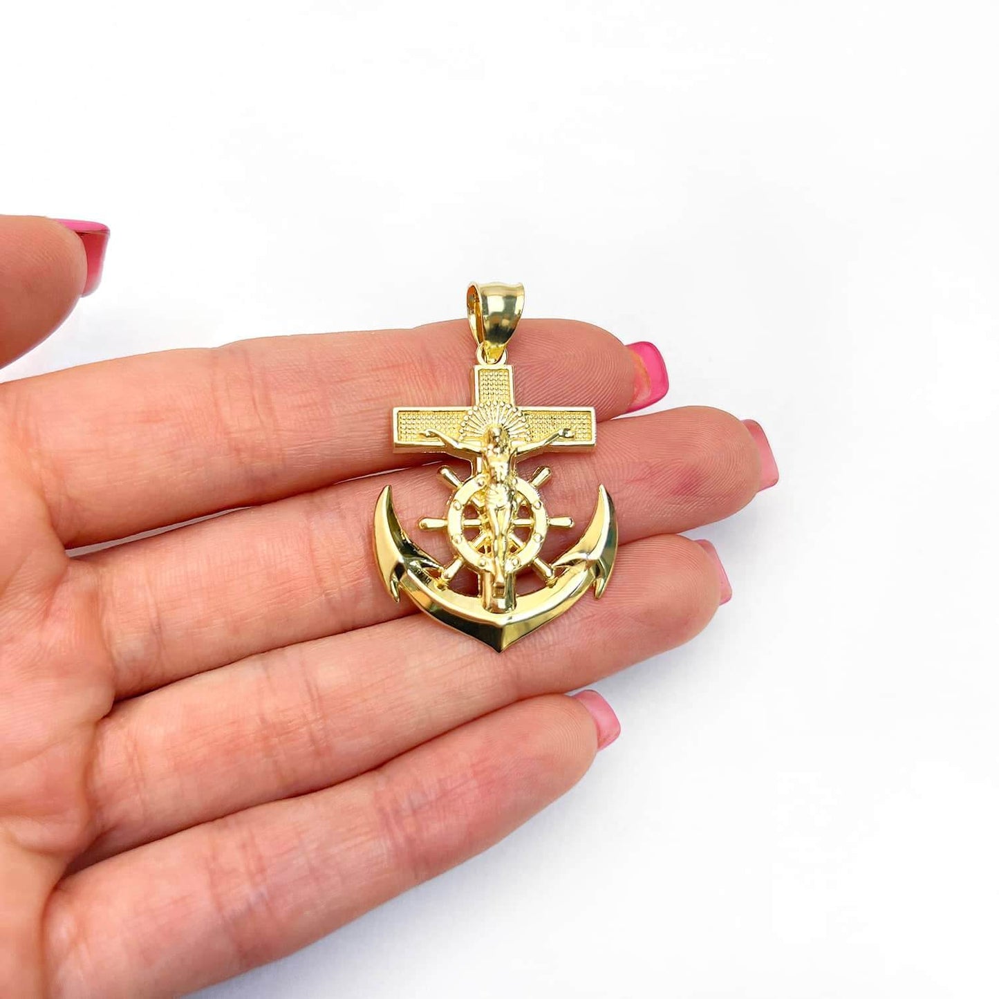 14K Yellow Gold Helm Jesus Christ Cross Anchor Pendant 1"-1.5"
