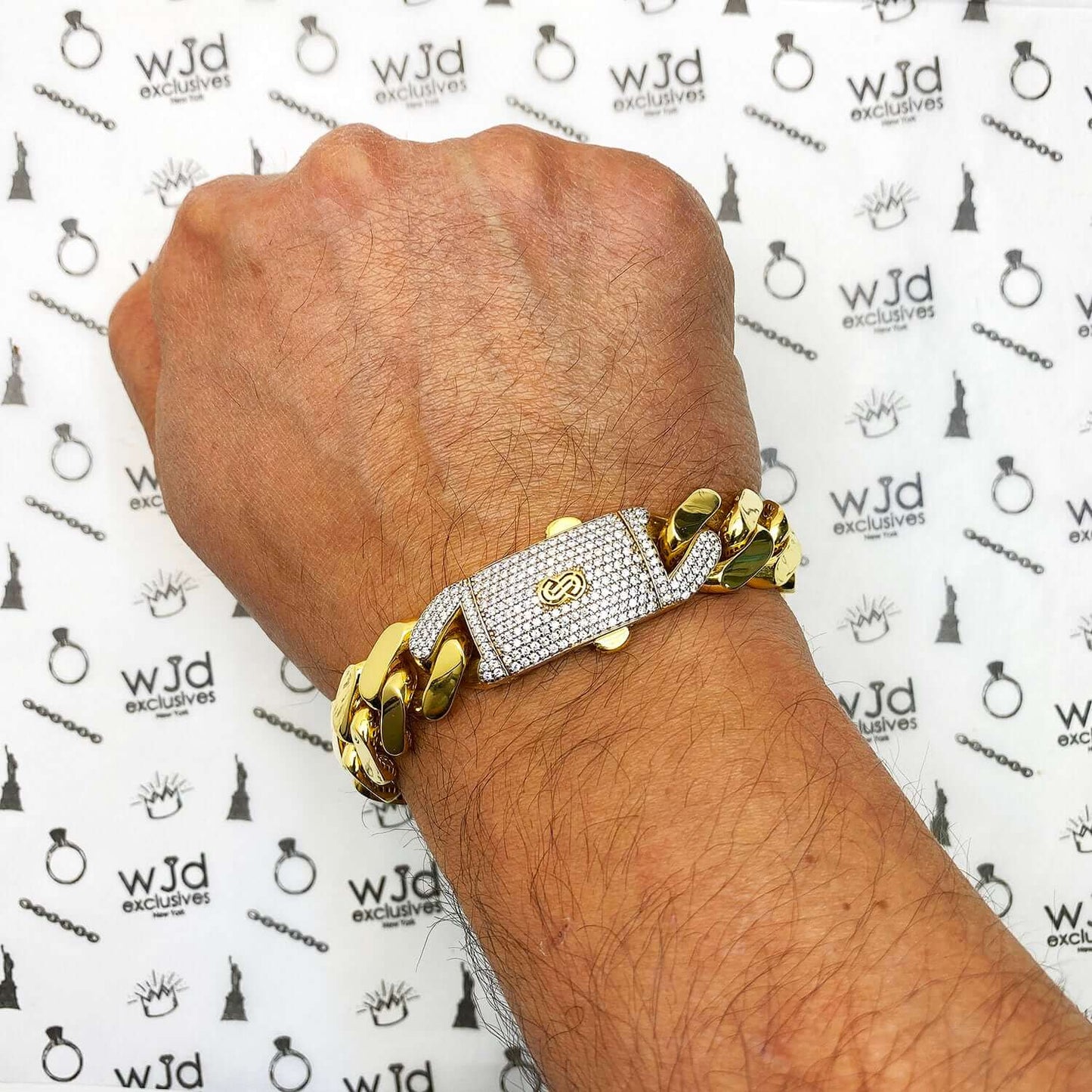 10K Gold Plain CZ Box Clasp 15mm Miami Monaco Bracelet 8.5"