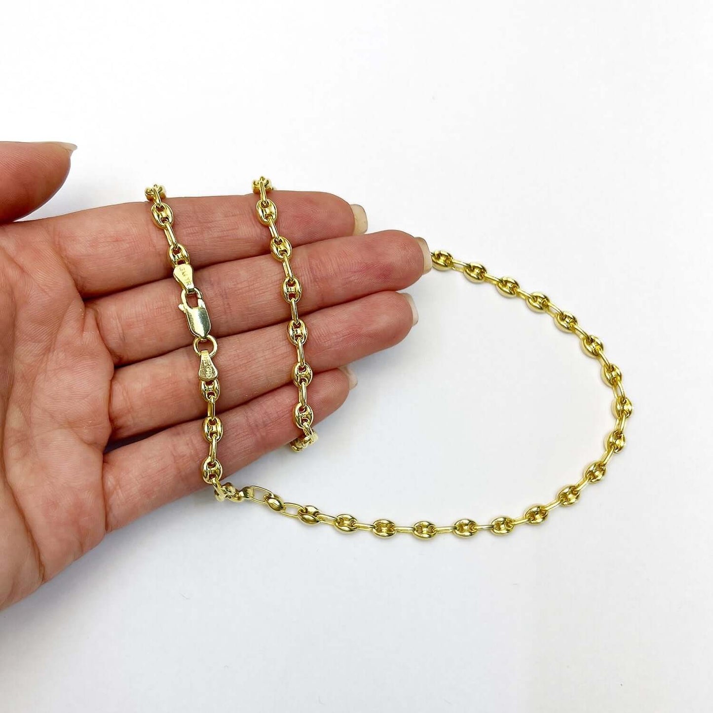 18K Yellow Gold Over Silver 4.5mm Puffed Anchor Mariner Chain 16"-24"
