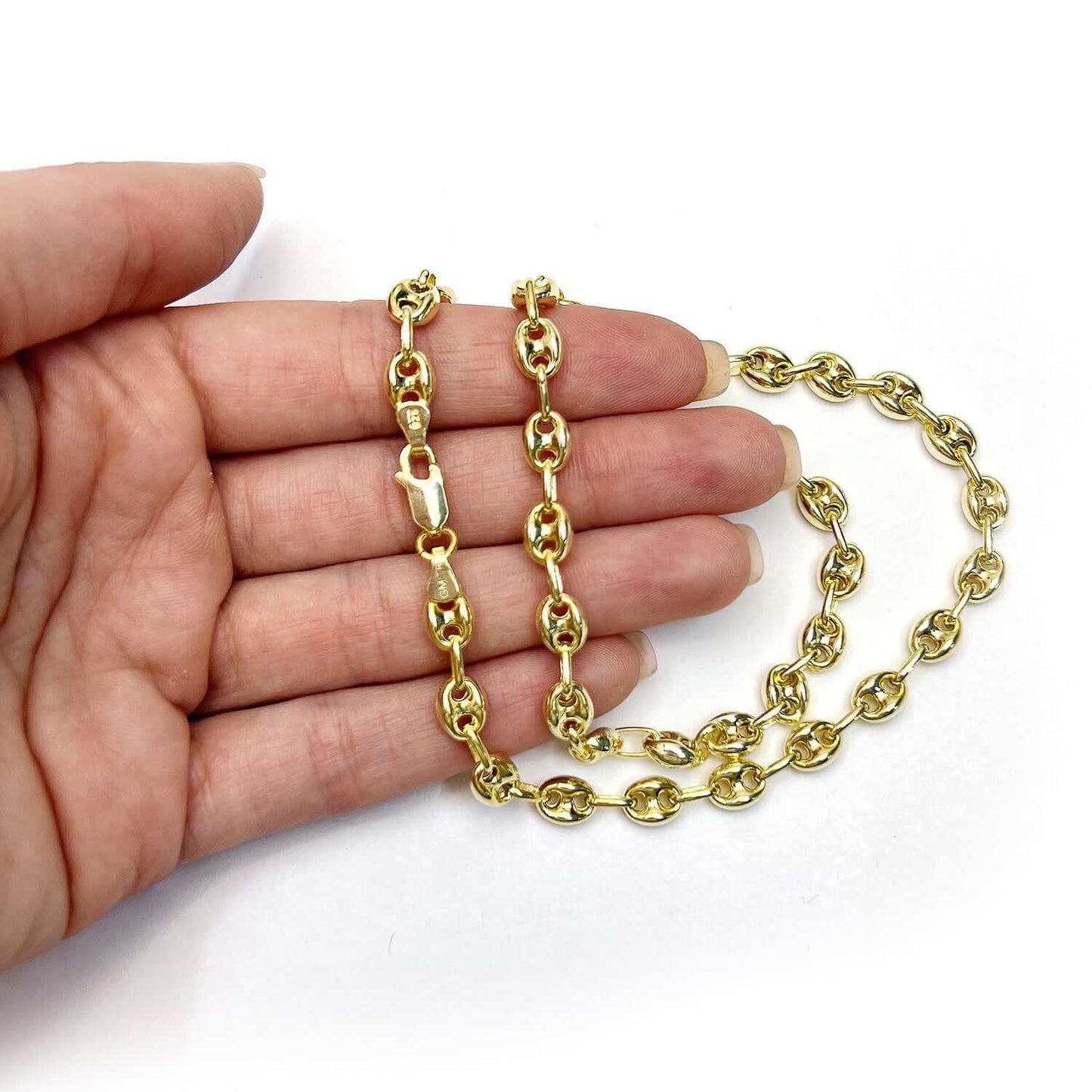 18K Yellow Gold Over Silver 6mm Puffed Anchor Mariner Chain Necklace 16"-24"