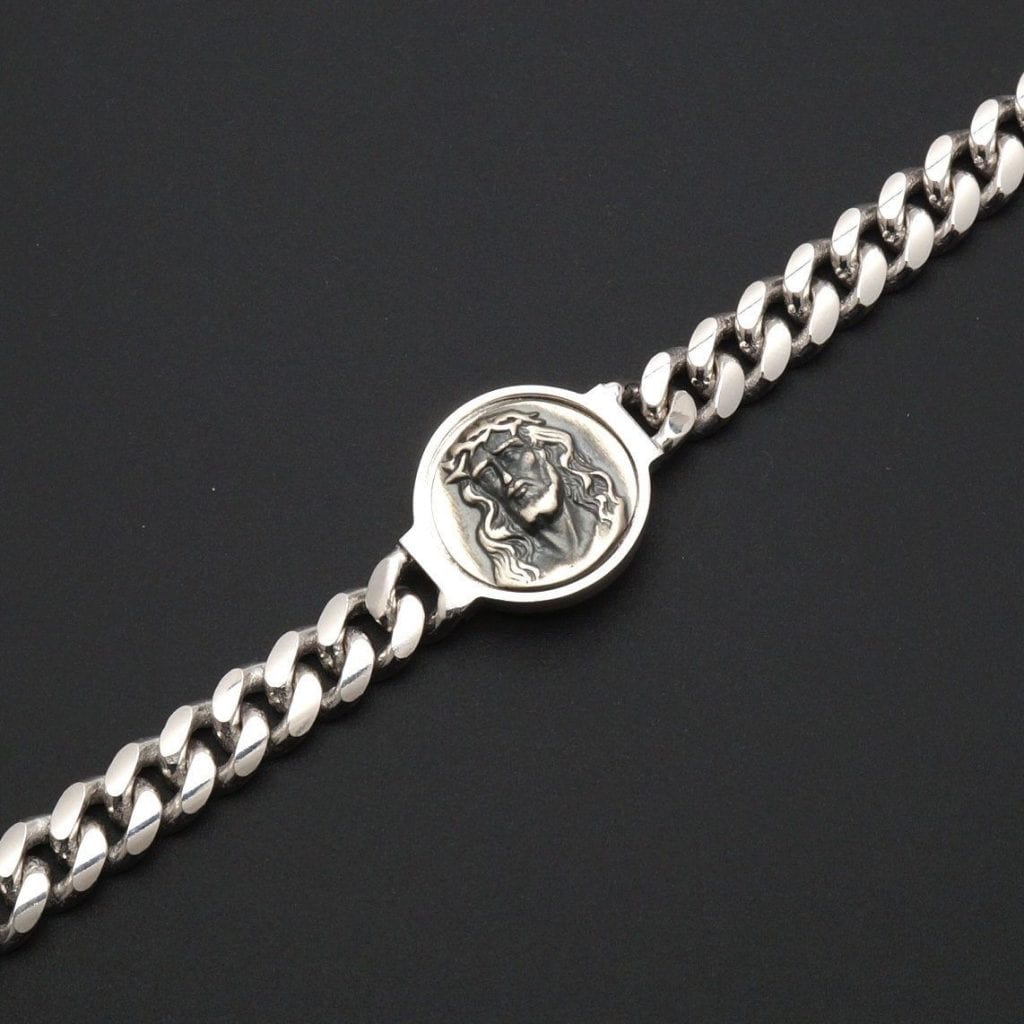 Italy 925 Sterling Silver 3D Jesus Medallion Cuban Bracelet 9"