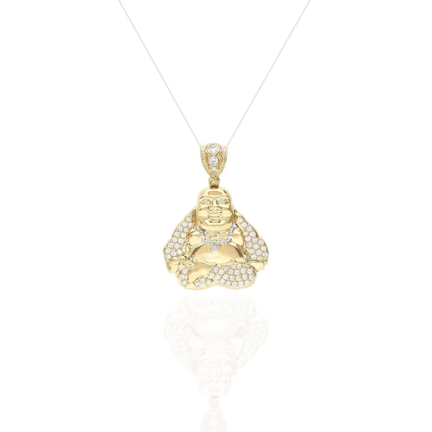 14K Solid Yellow Gold CZ Buddha Charm Pendant 1.65"-2.13"