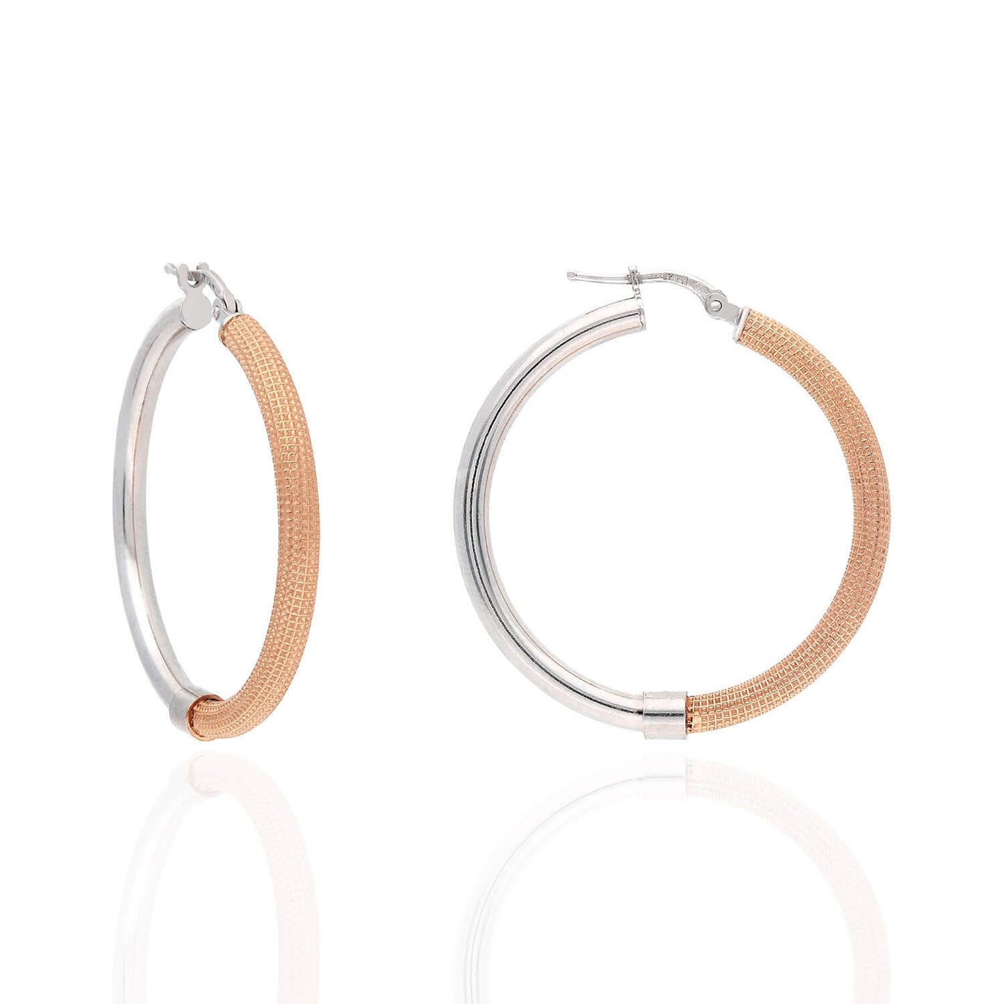 Rose White Gold Over 925 Sterling Silver 3mm Half Mesh Half Shiny Hoop Earrings