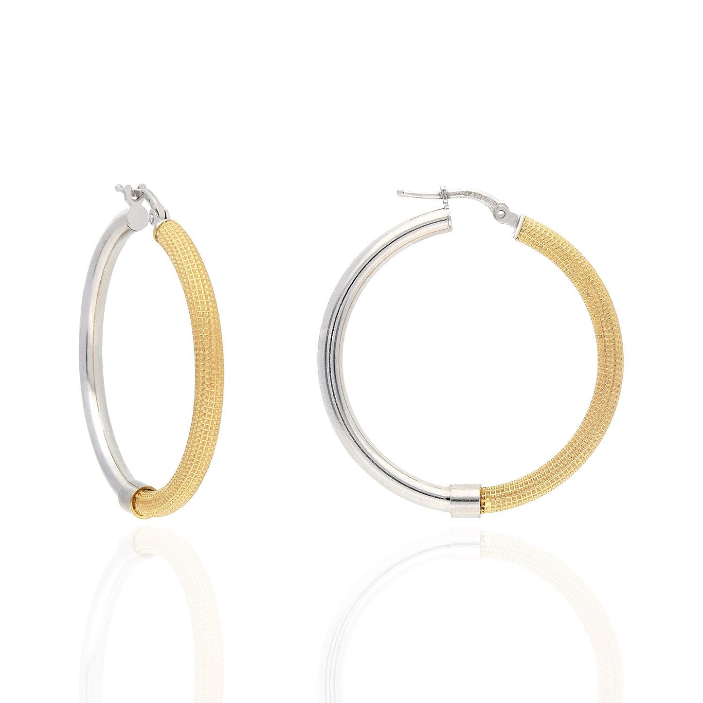Yellow White Gold Over Silver 3mm Half Mesh Half Shiny Hoop Earrings