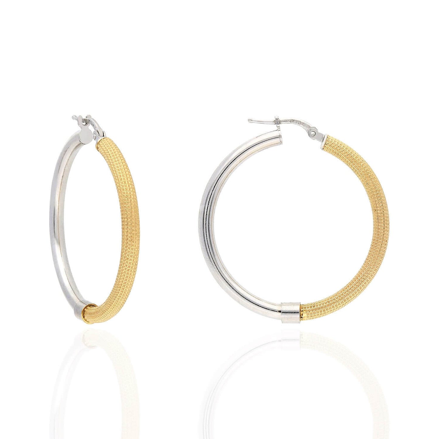 Yellow White Gold Over Silver 3mm Half Mesh Half Shiny Hoop Earrings