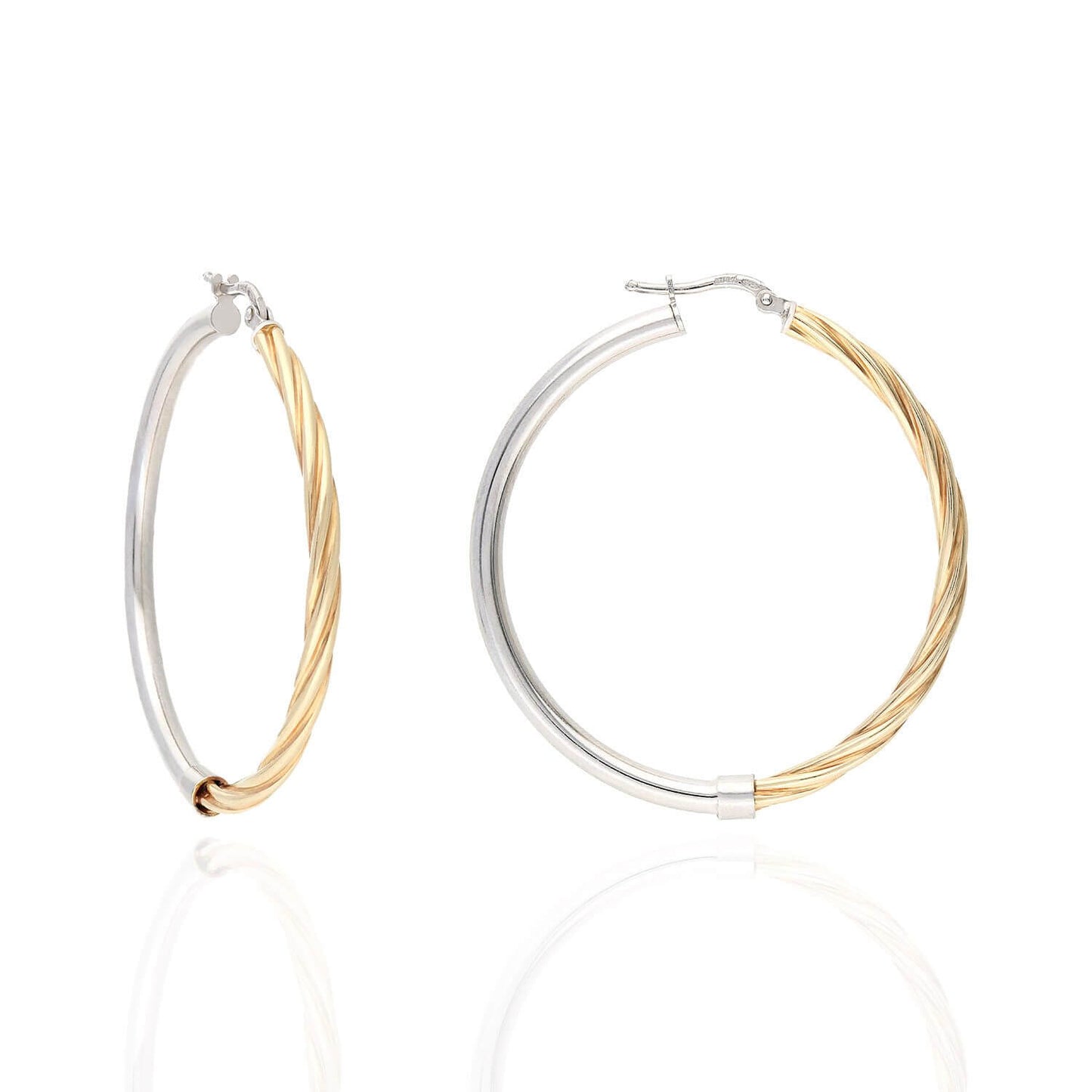 Yellow White Gold Over 925 Silver 3mm Half Shiny Half Twisted Hoop Earrings