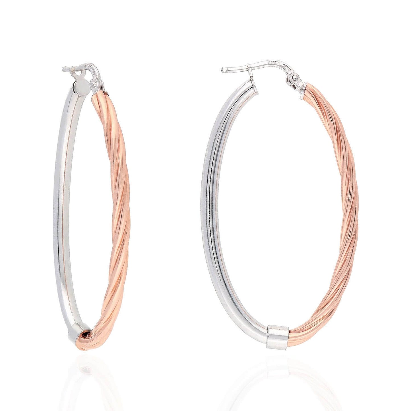 White Rose Gold Tone Over 925 Silver Half Shiny Half Twisted Oval Hoop Earrings