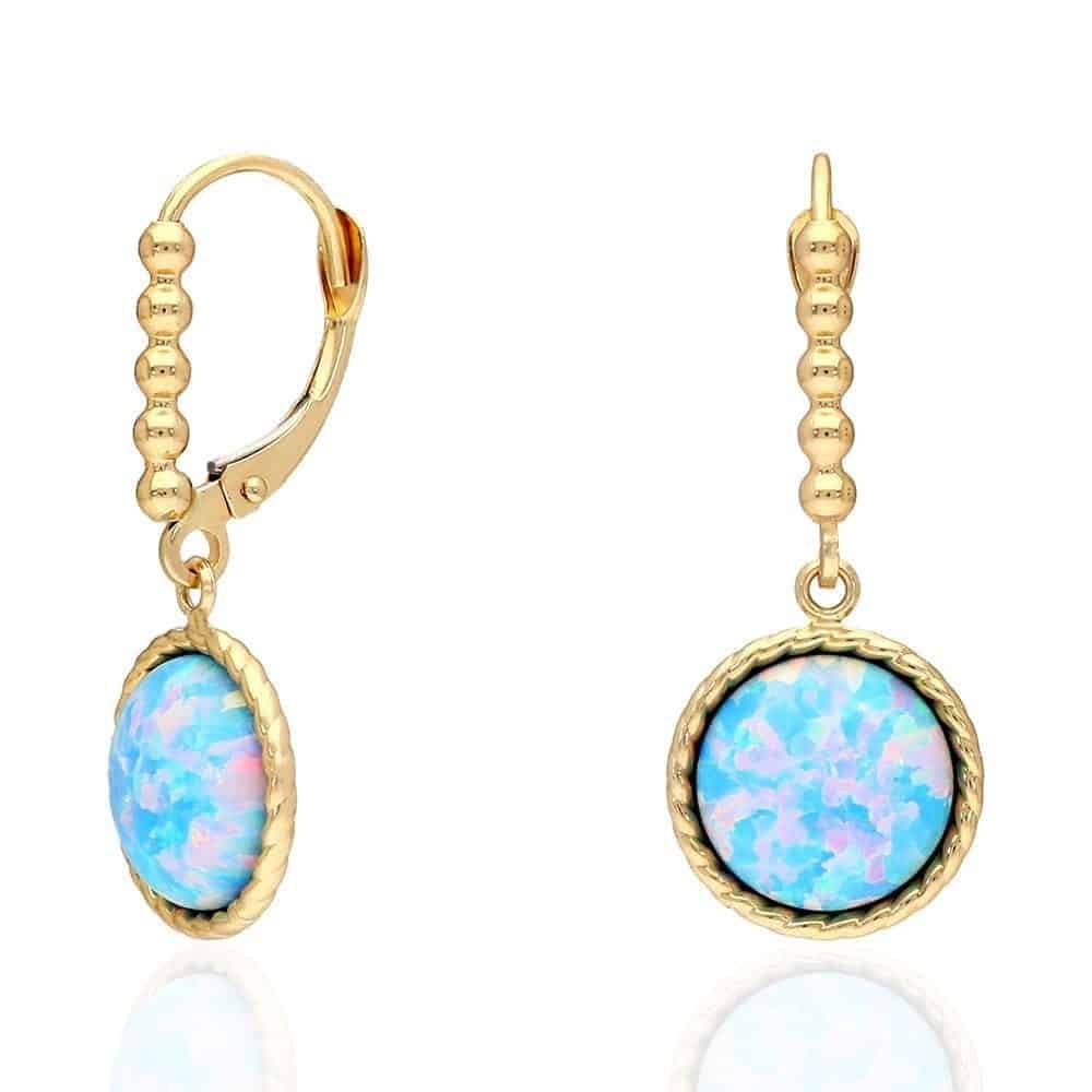 14K Real Gold Yellow, White Twisted Bezel Fire Opal Leverback Earrings 11.5mm