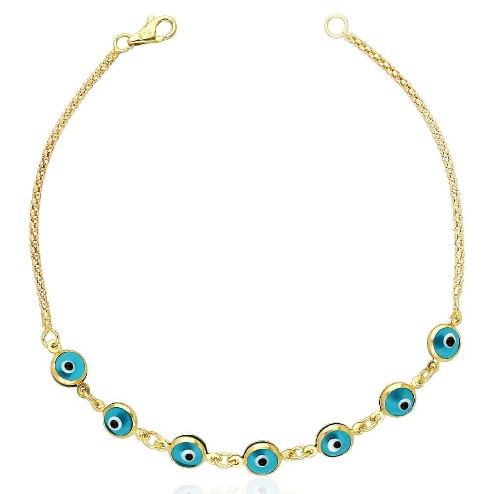 14K Yellow Gold Bezel Evil Eye Popcorn Bracelet 7"