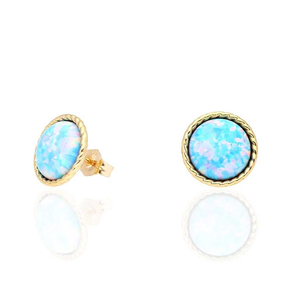 14k Yellow Gold White Gold Twisted Bezel Fire Opal Push Back Stud Earrings