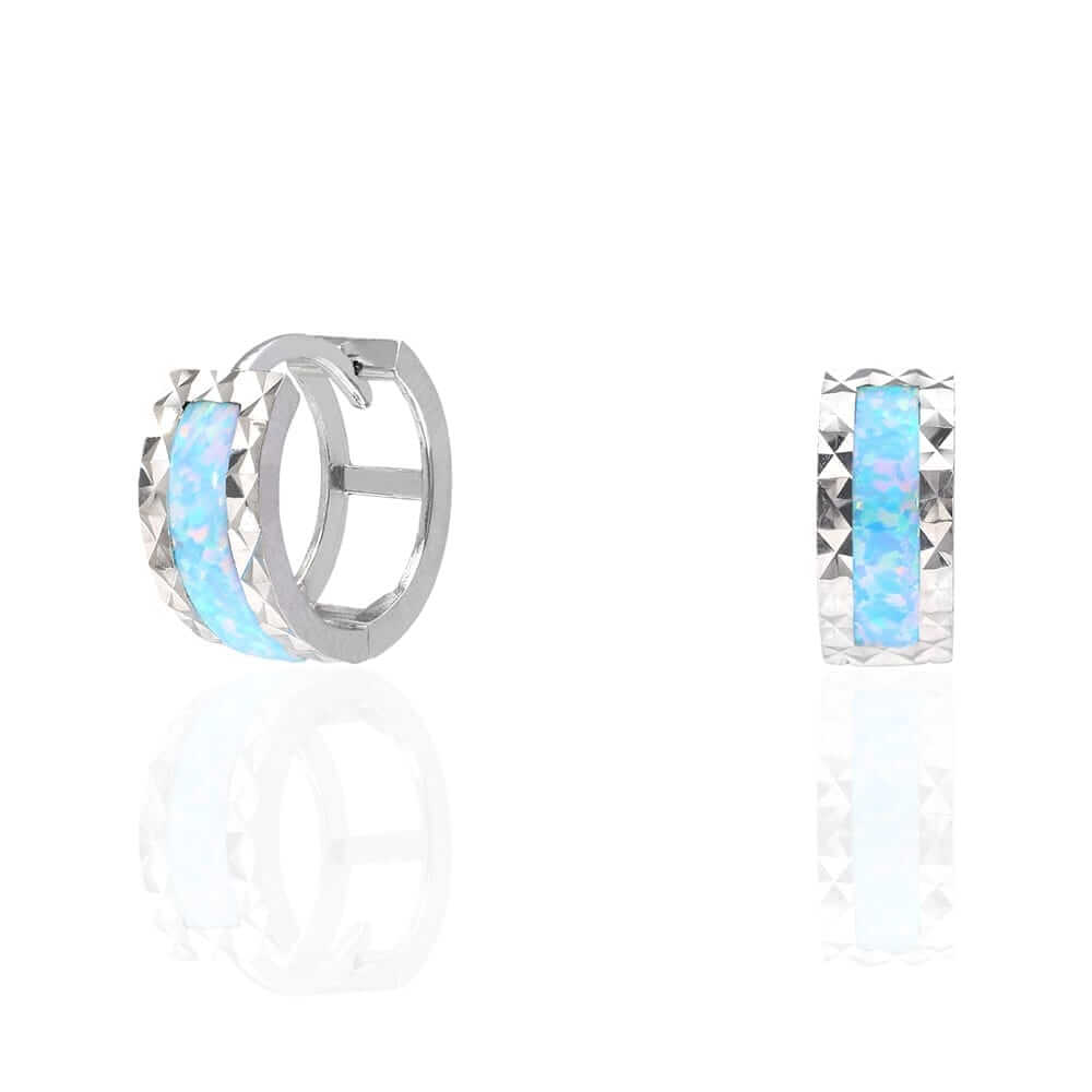14k White Gold Diamond-Cut Fire Opal Huggie Hoop Earrings 0.5"
