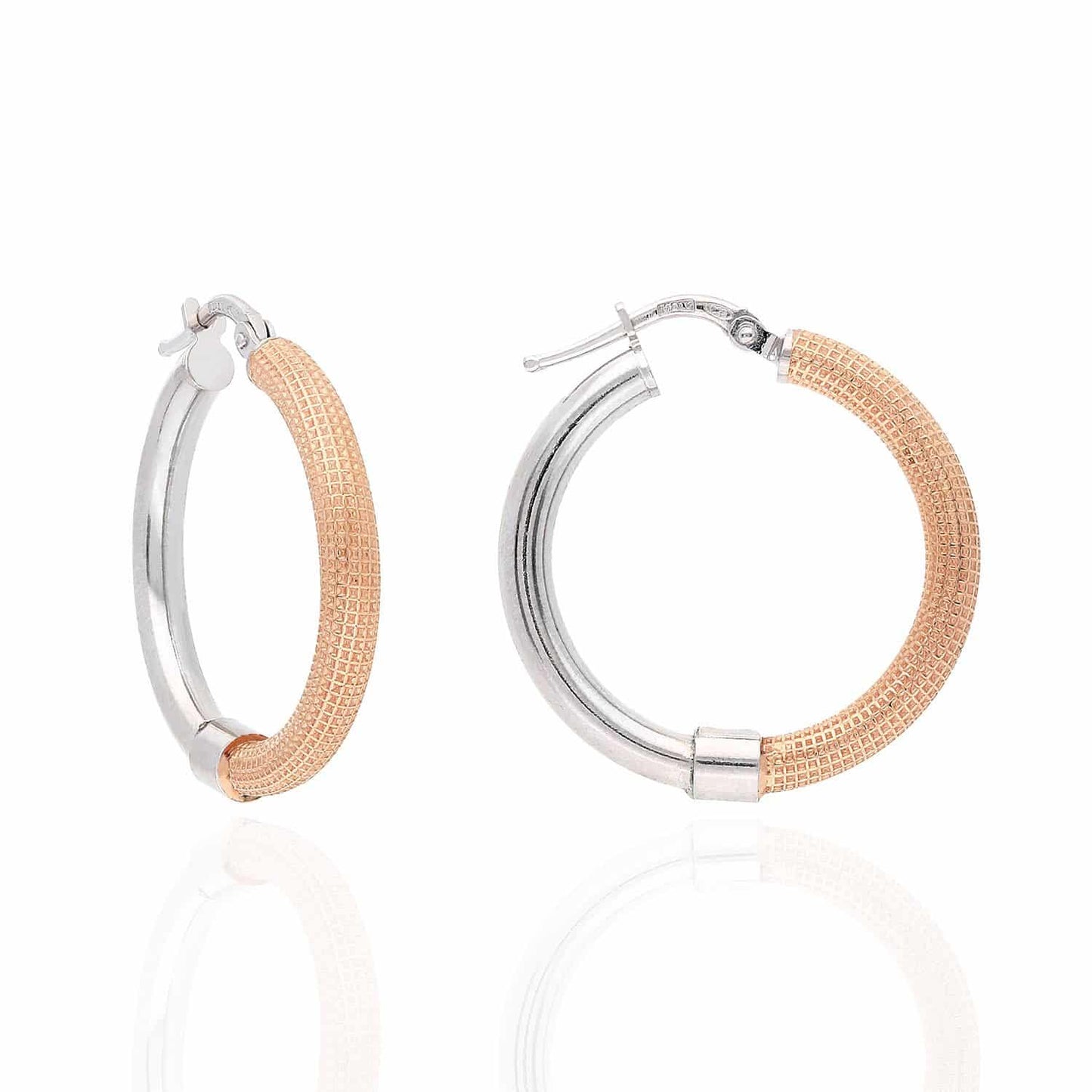 Rose White Gold Over 925 Sterling Silver 3mm Half Mesh Half Shiny Hoop Earrings