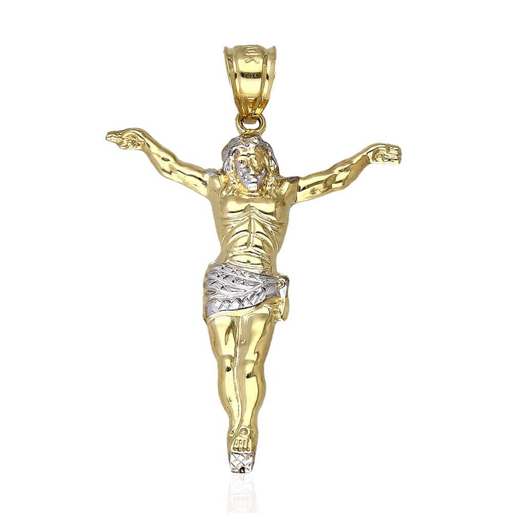 10K Gold Two-Tone Yellow White Gold Jesus Crucifix Pendant 1.57"-3.62"