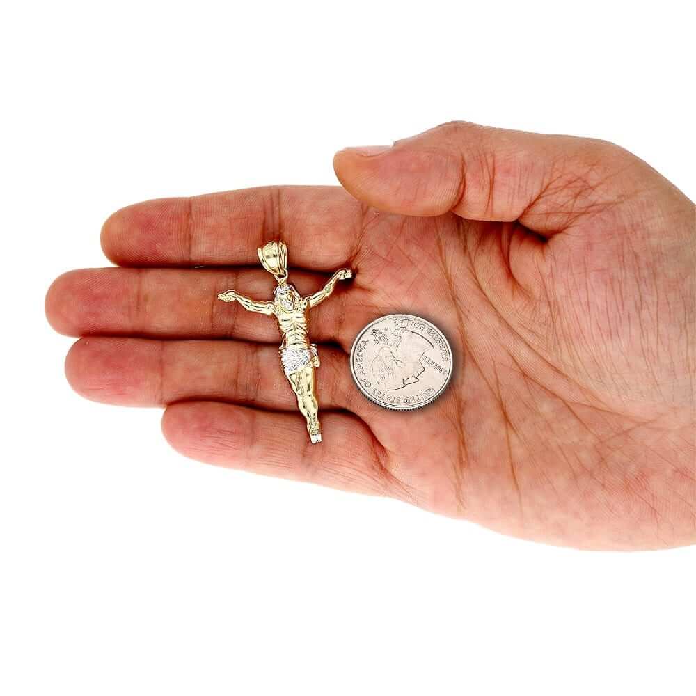 10K Gold Two-Tone Yellow White Gold Jesus Crucifix Pendant 1.57"-3.62"