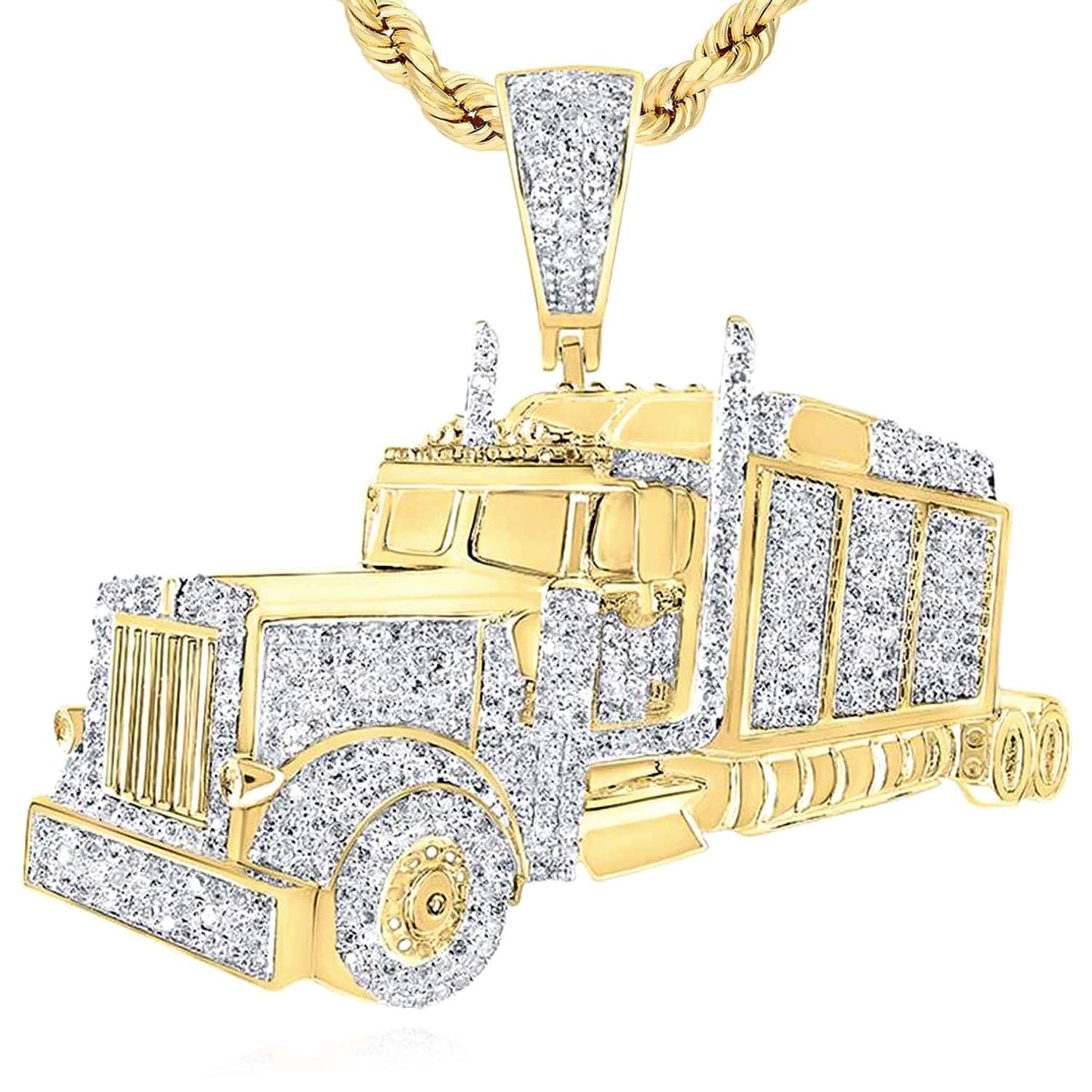 1CTW Natural Diamond 10K Yellow Gold 3D Semi Trailer Truck Pendant 1.5"