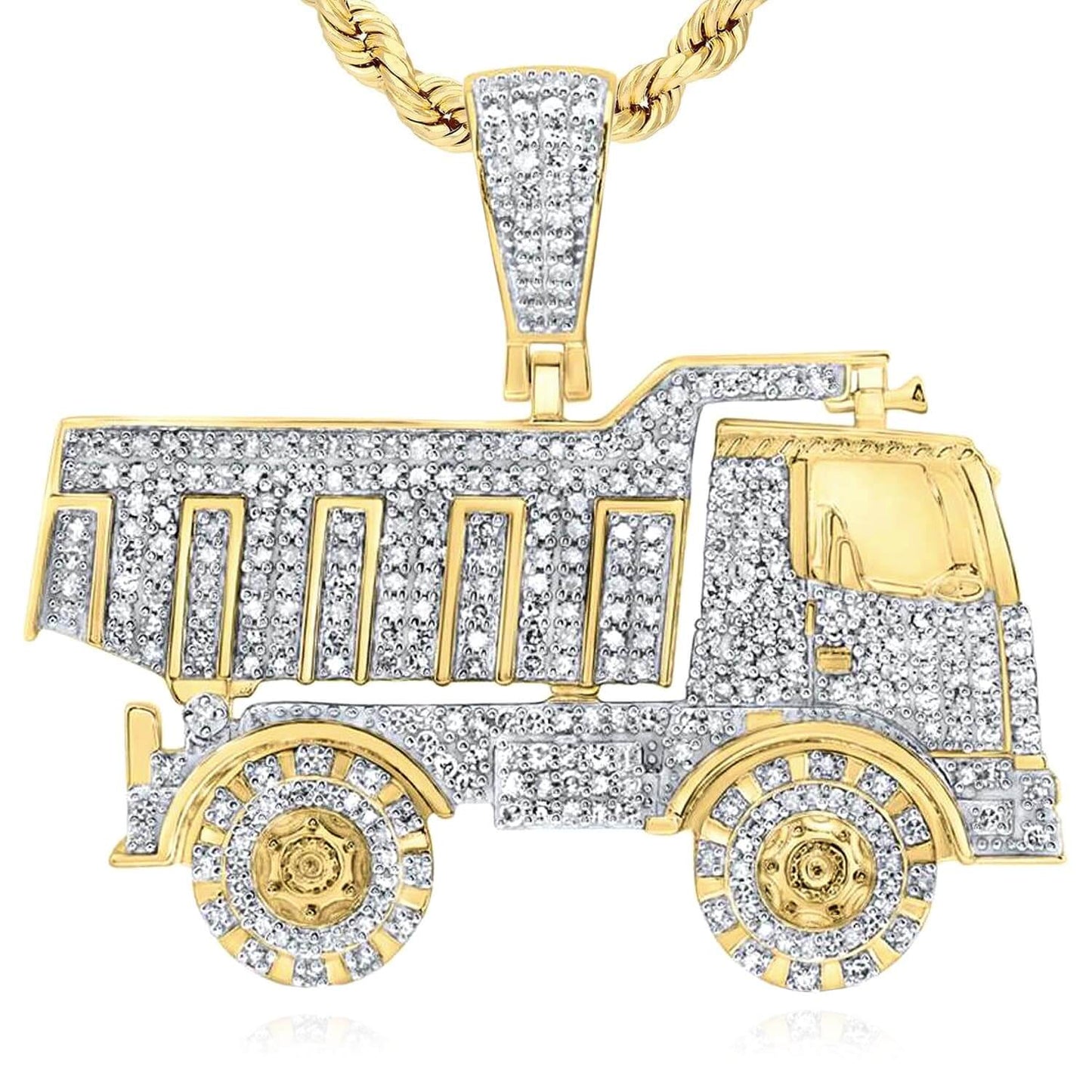 1.20CTW Natural Diamond 10K Yellow Gold Dump Truck Pendant 1.4"