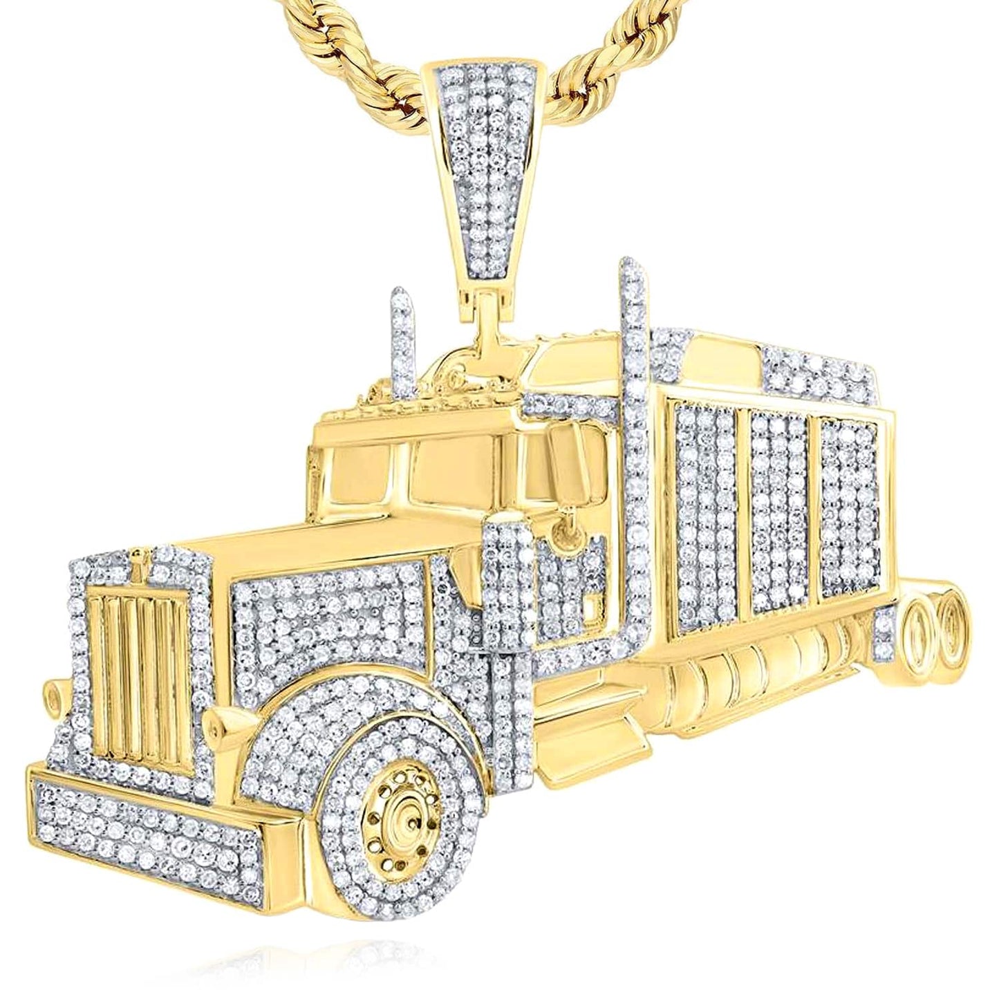 1.75CTW Real Diamond 10k Yellow Gold 3D Semi Truck Trailer Pendant 1.8"
