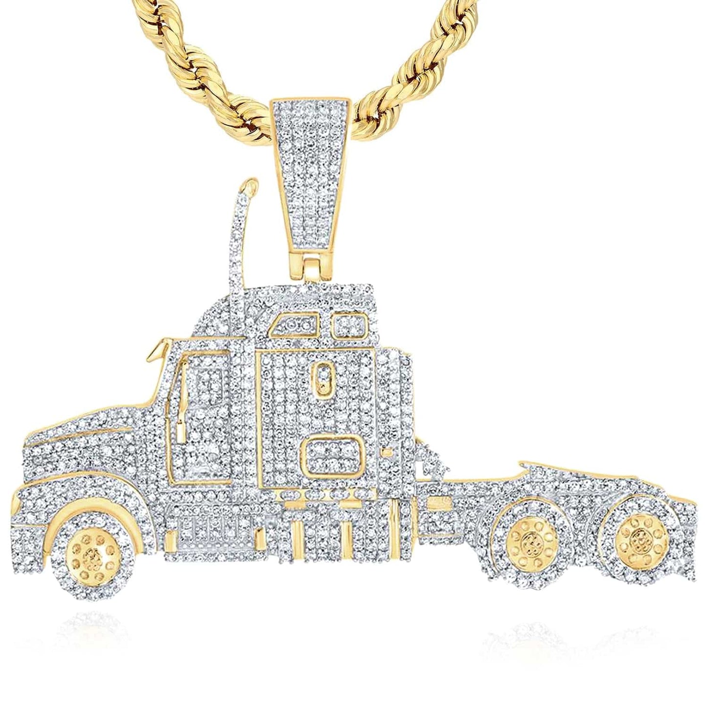 2.50CTW Real Diamond 10K Yellow Gold Semi Trailer Truck Pendant 2.5"