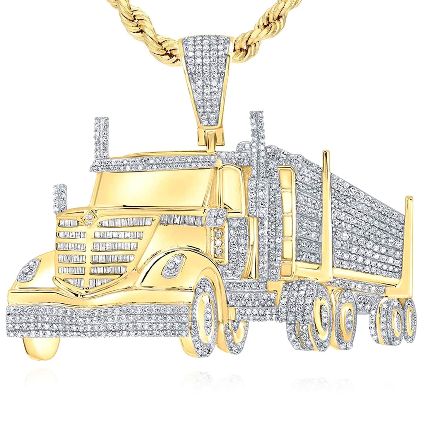 2.50CTW Real Diamond 10K Yellow Gold Frontal Semi Trailer Truck Pendant 1.9"