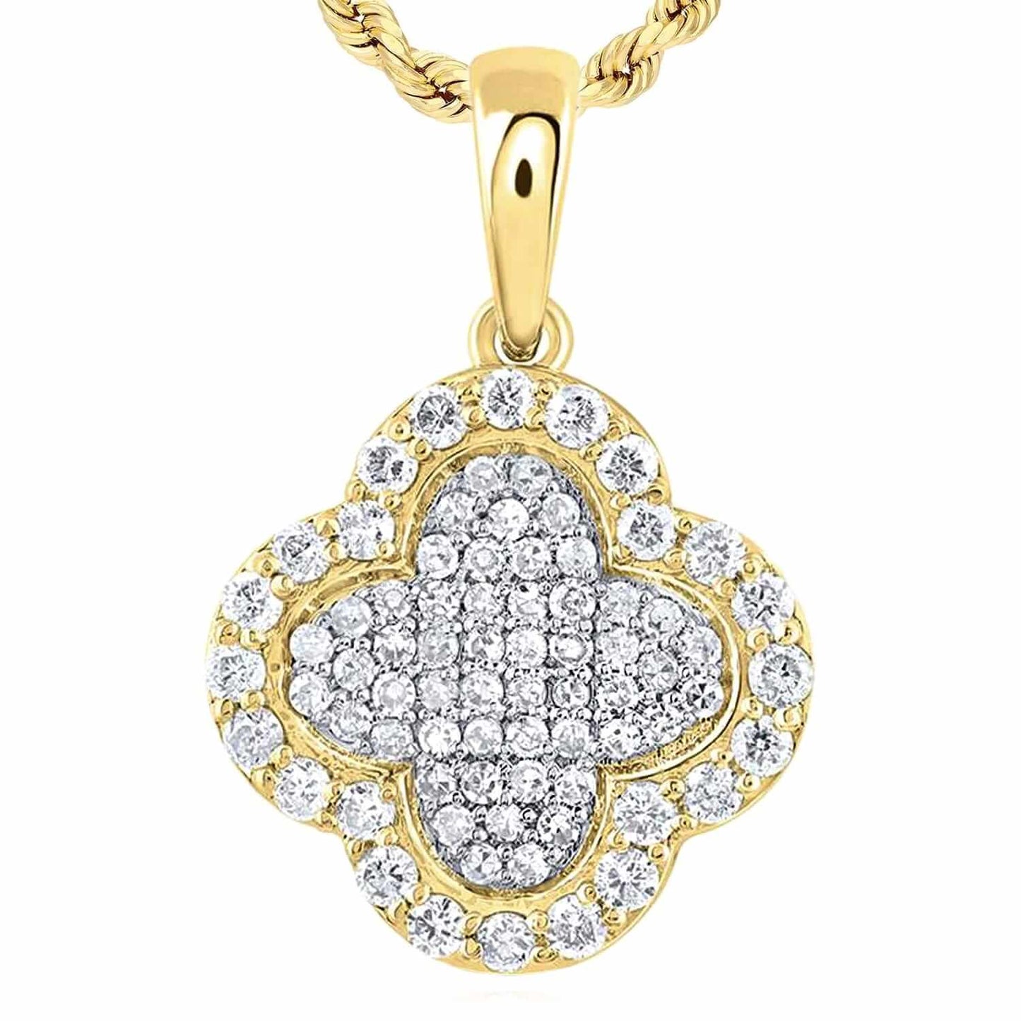 0.25CTW Natural Diamond 10K Gold Yellow White Rose Cluster Clover Pendant 0.65”