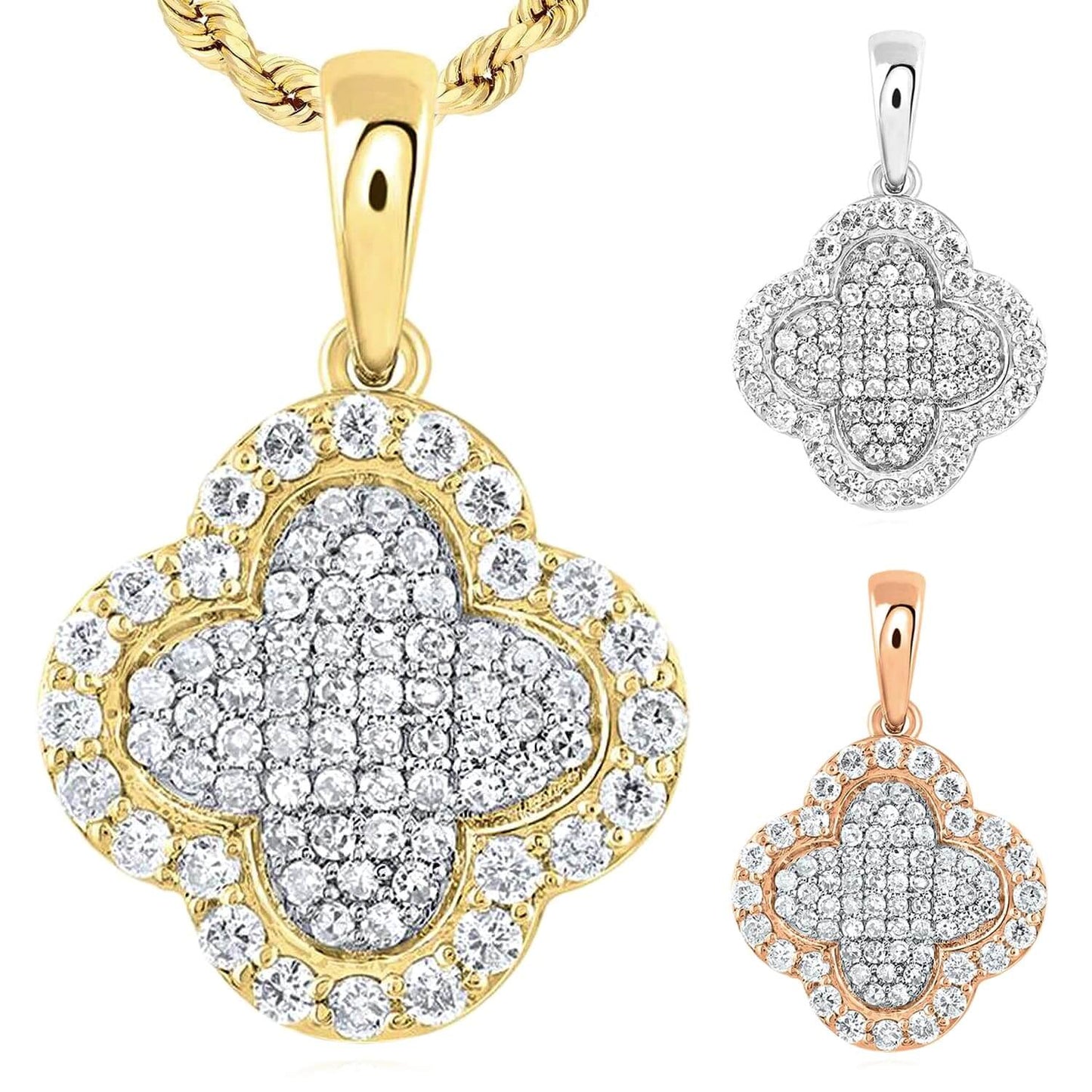 0.25CTW Natural Diamond 10K Gold Yellow White Rose Cluster Clover Pendant 0.65”