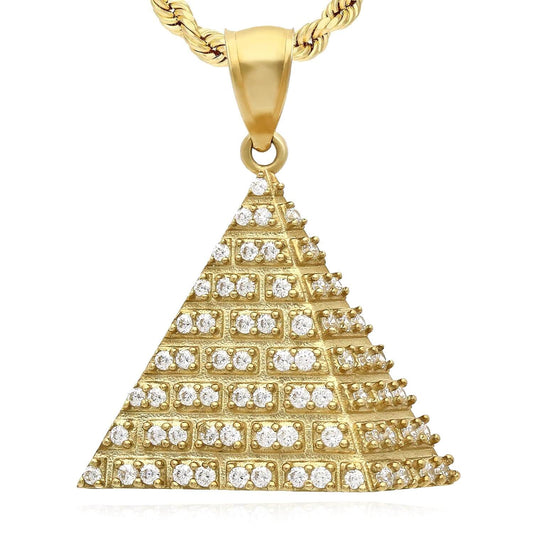 10K Yellow Gold CZ 3D Egyptian Pyramid Pendant 0.8" 1.1"