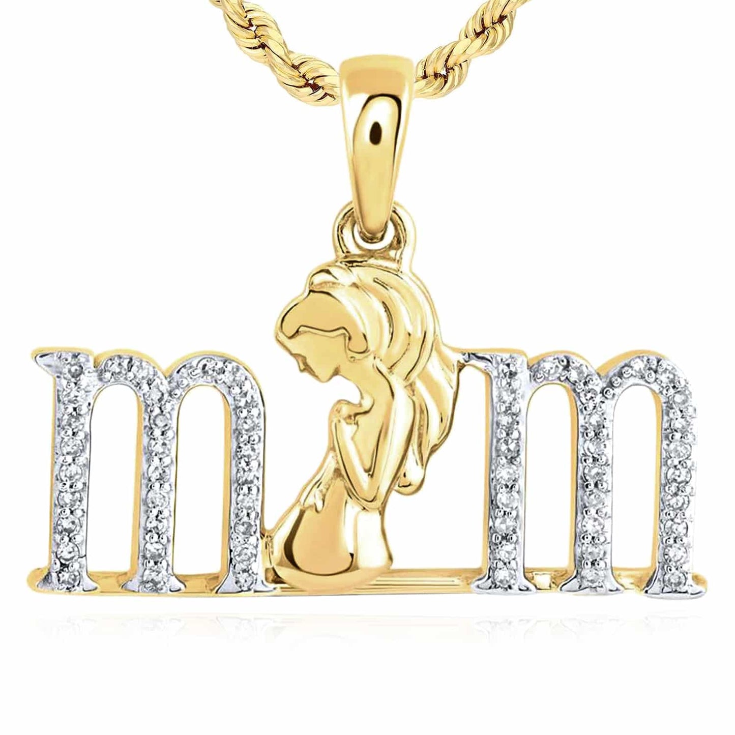 0.12CTW Natural Diamond 10K Gold Yellow Rose "mom" Expecting Pendant 0.69"