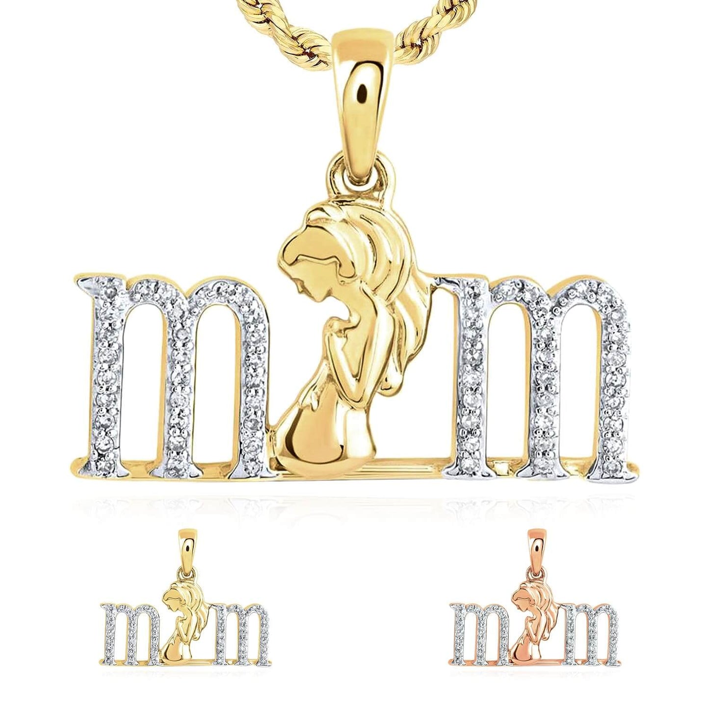 0.12CTW Natural Diamond 10K Gold Yellow Rose "mom" Expecting Pendant 0.69"