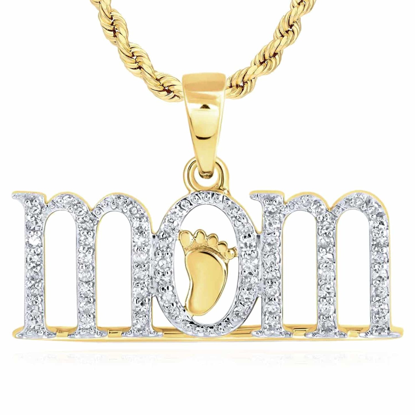 0.20CTW Natural Diamond 10K Gold Yellow White Baby Foot "mom" Pendant 0.6"