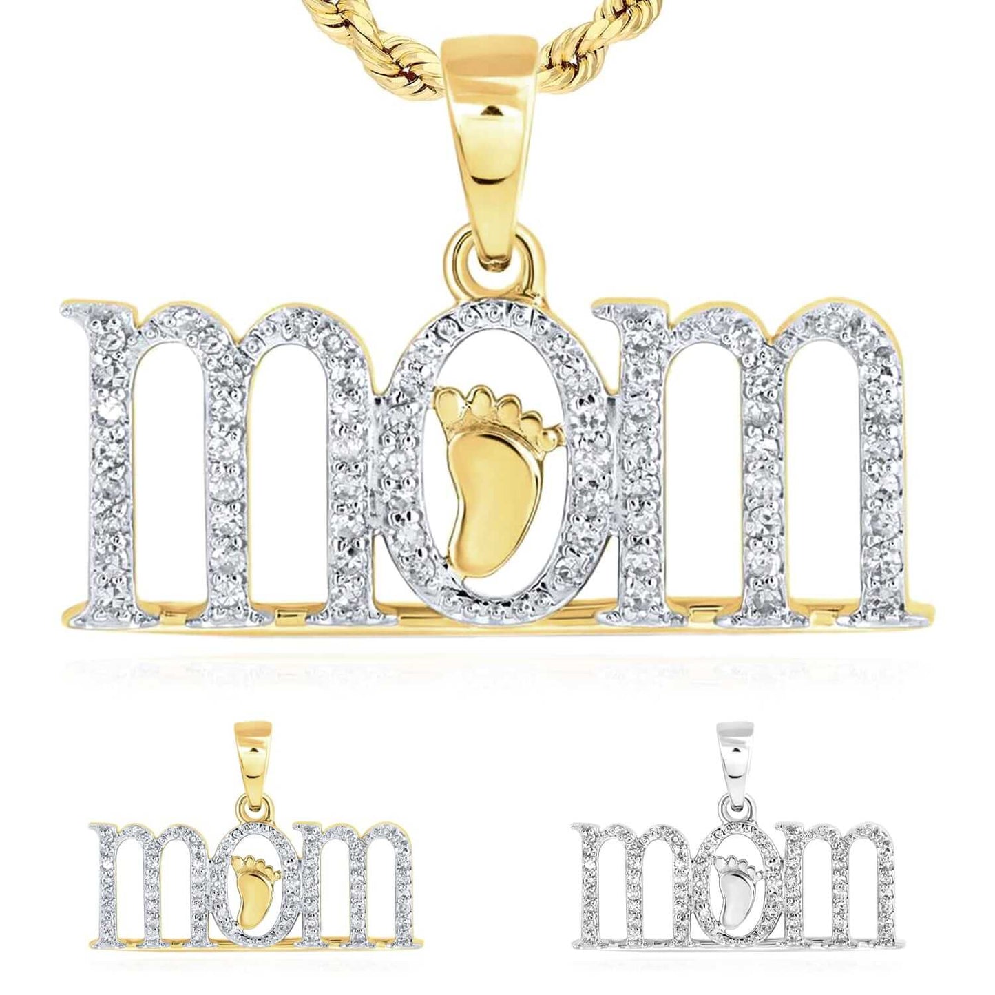 0.20CTW Natural Diamond 10K Gold Yellow White Baby Foot "mom" Pendant 0.6"