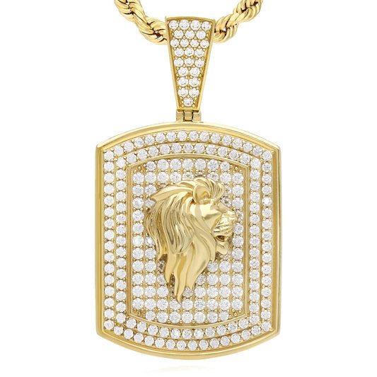 10K Yellow Gold CZ Pave Rectangular Lion Face Pendant 1.8"