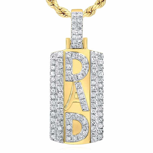 0.32CTW Natural Diamond 10K Yellow Gold DAD Dog Tag Pendant 0.9"