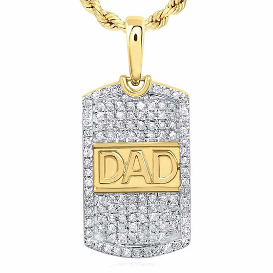 0.35CTW Natural Diamond 10K Gold DAD Dog Tag Pendant 0.9"