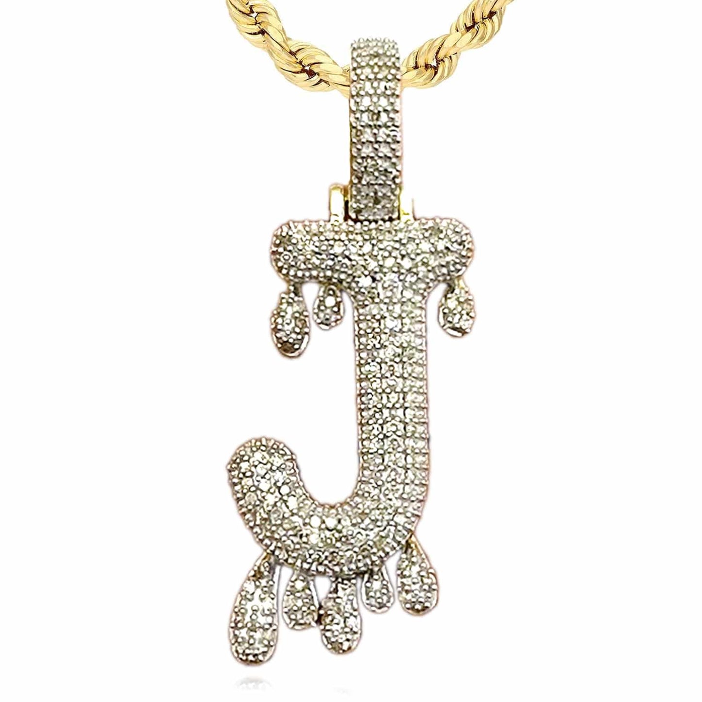 0.65CTW Real Diamond 10K Rea Gold Dripping Initial Letter Pendant 1.6"