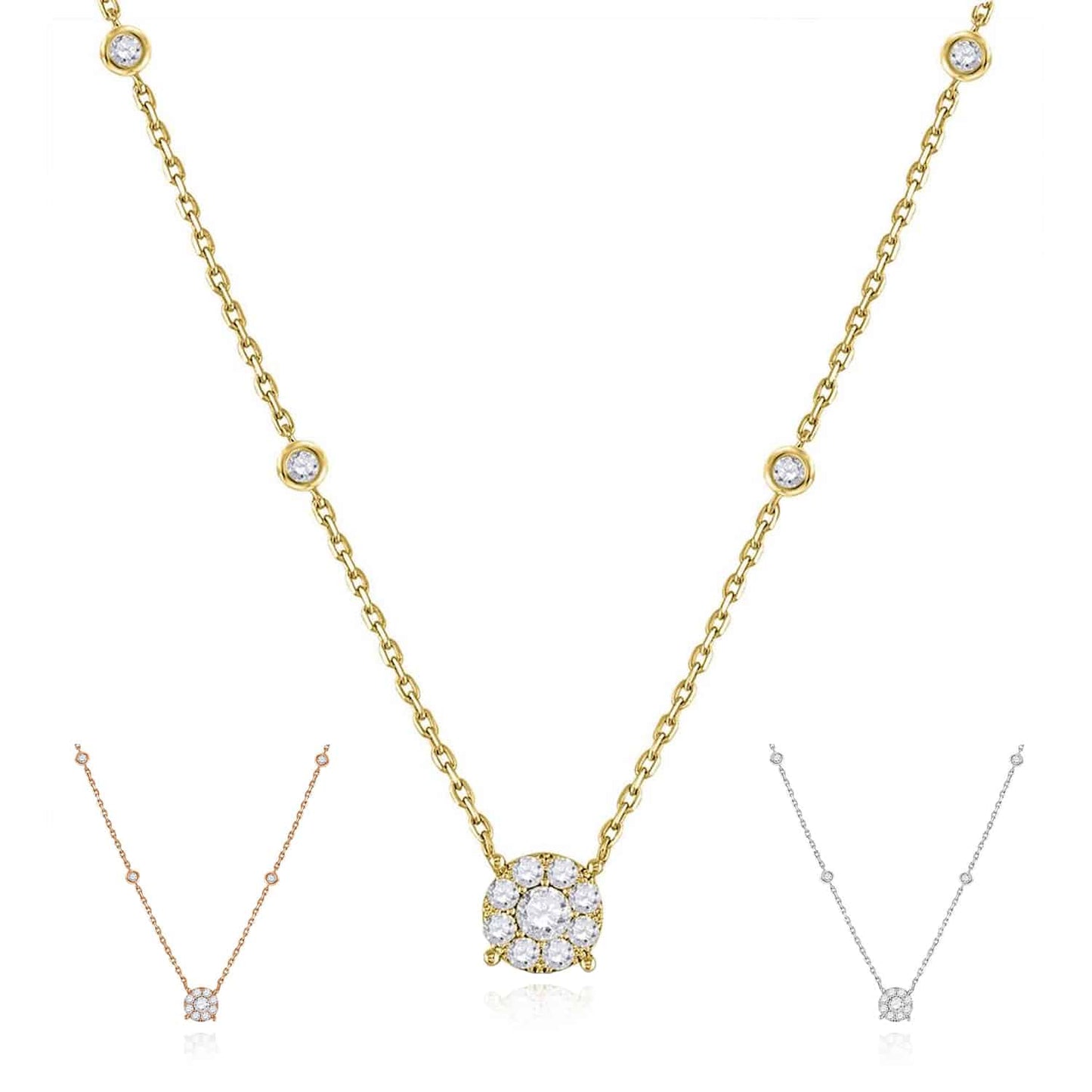 Real Diamond 10K Real Gold White Rose By The Yard Halo Pendant Necklace 18"