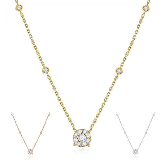 Natural Diamond 10K Gold White Rose By The Yard Halo Necklace (Solid Links) 18"