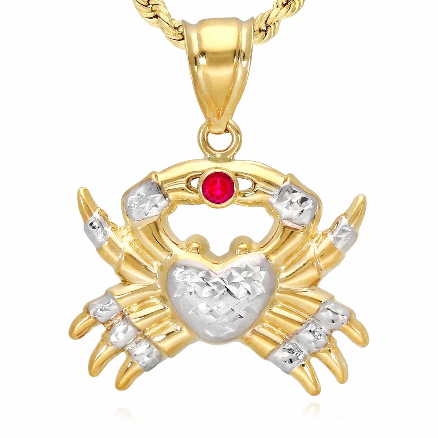 10K Yellow Gold Red Ruby Heart Shaped Crab Pendant 1.18"