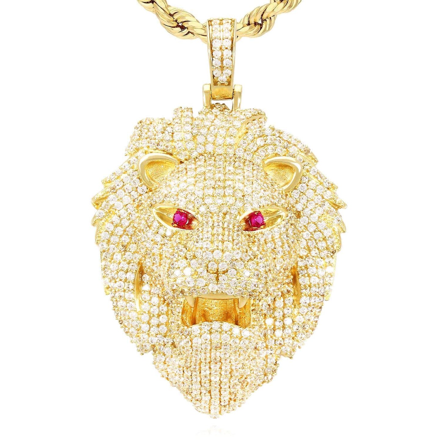 6.25CTW CZ Red Ruby Eye 14K Yellow Gold Lion Face Pendant 1.6"